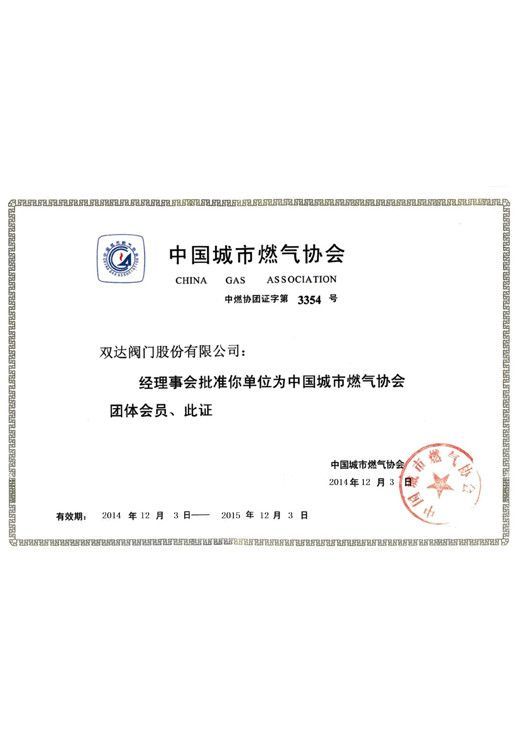 中國(guó)城市燃?xì)鈪f(xié)會(huì)團(tuán)體會(huì)員證書(shū)